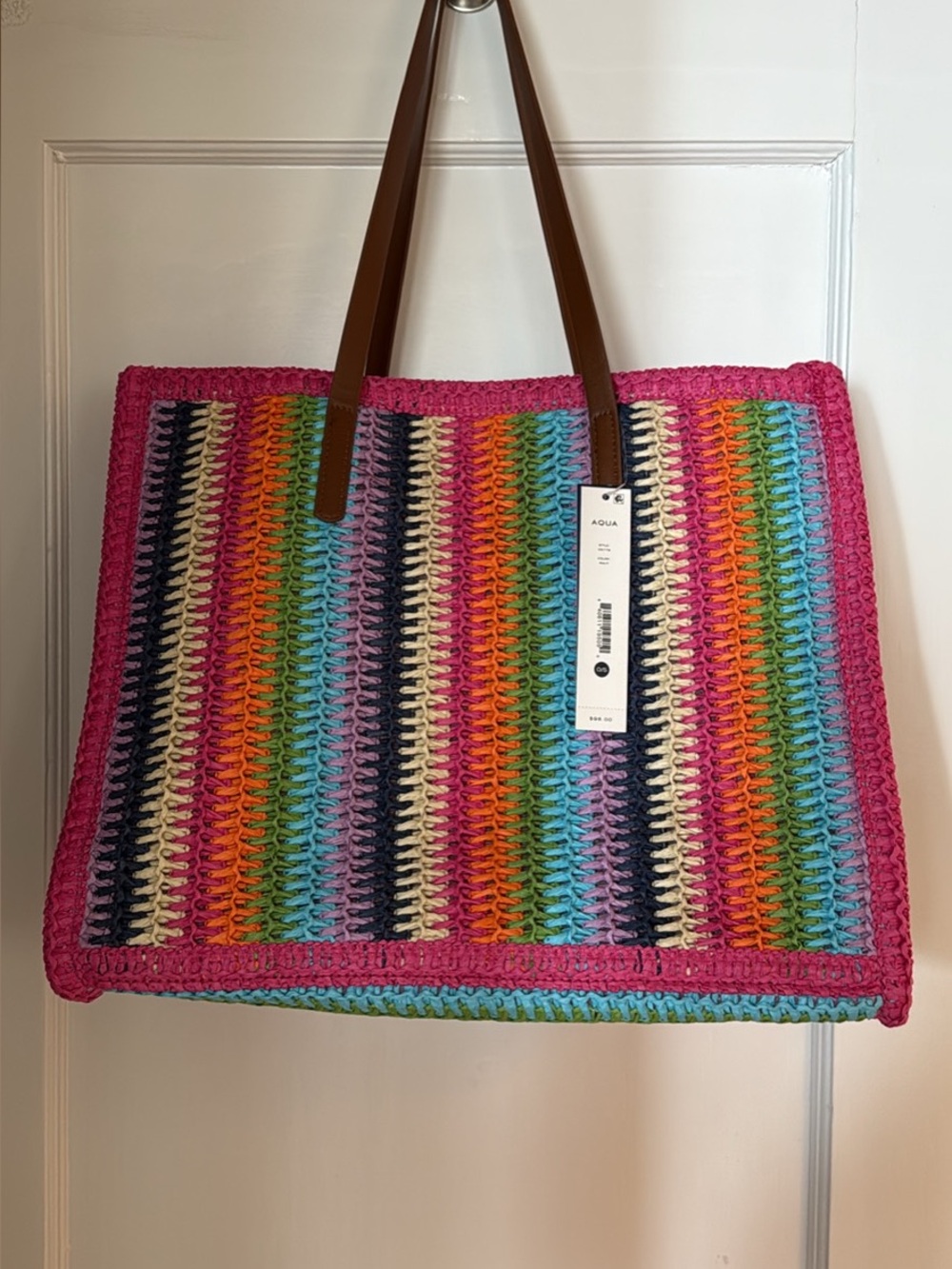 AQUA x White Lotus Pink Multicolor Crochet Tote Bag with Brown Handles